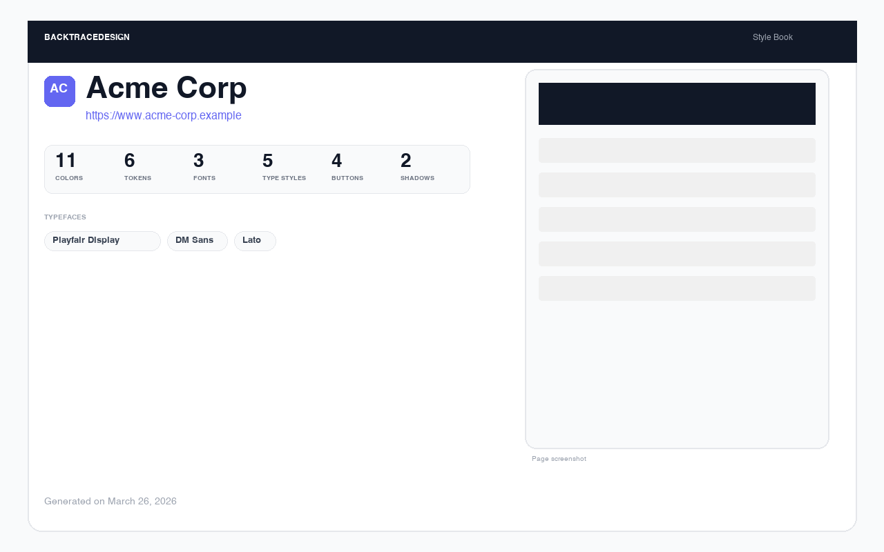 BacktraceDesign style book cover page showing site title, color stats, fonts, and page thumbnail