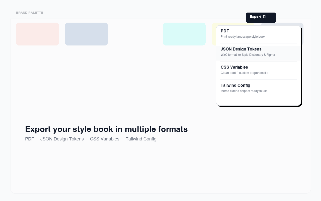 Export dropdown showing PDF, JSON, CSS, Tailwind options